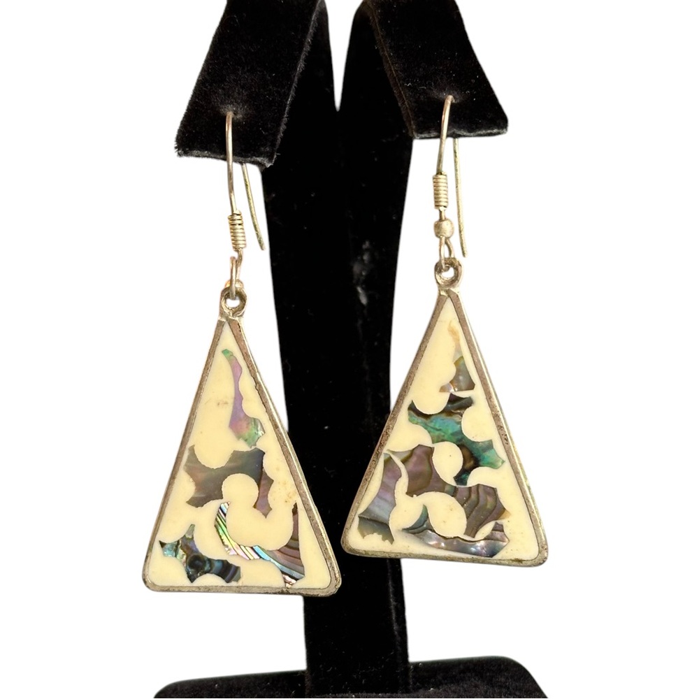 Vintage Alpaca Mexico Abalone Inlay Triangle Pierced Dangle Earrings